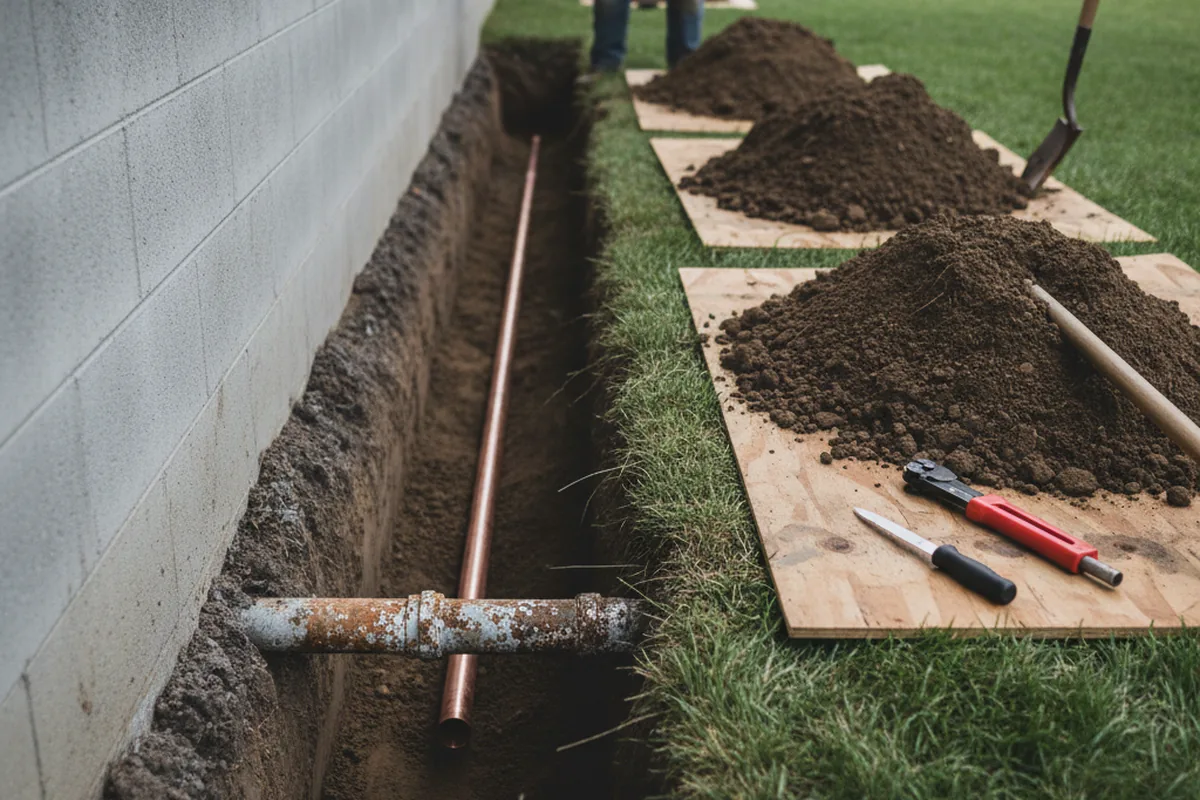 Excavated water line trench during Water Softener Installation in Mica